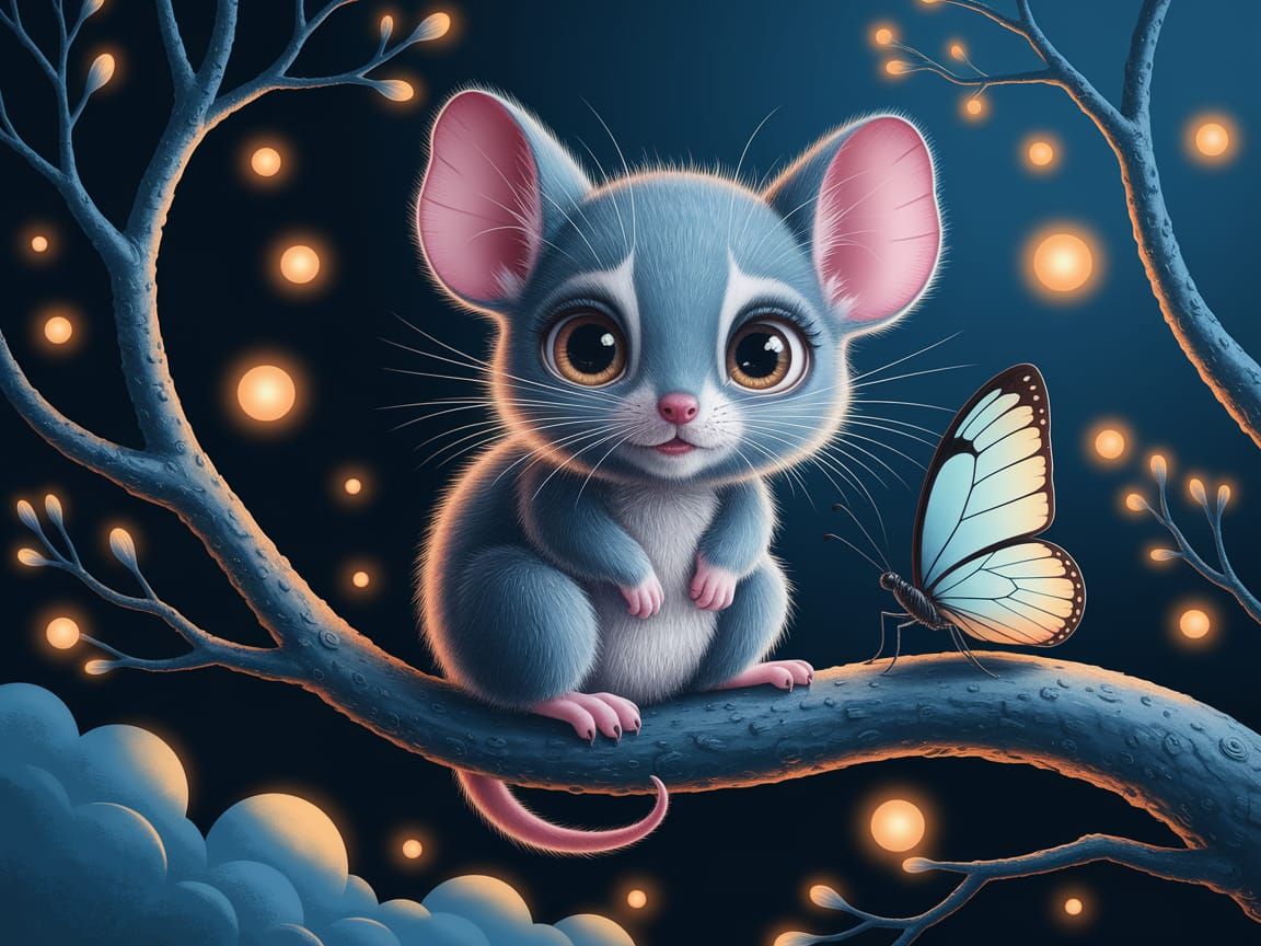 Whimsical Creature on a Branch in Dreamy Illustration Style