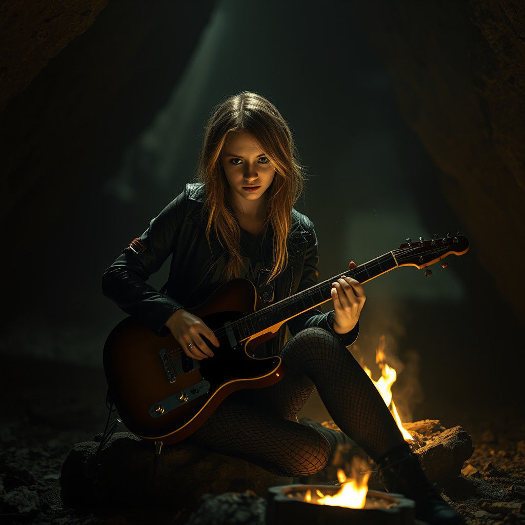 Musician in Cavern: Cinematic Amber Glow