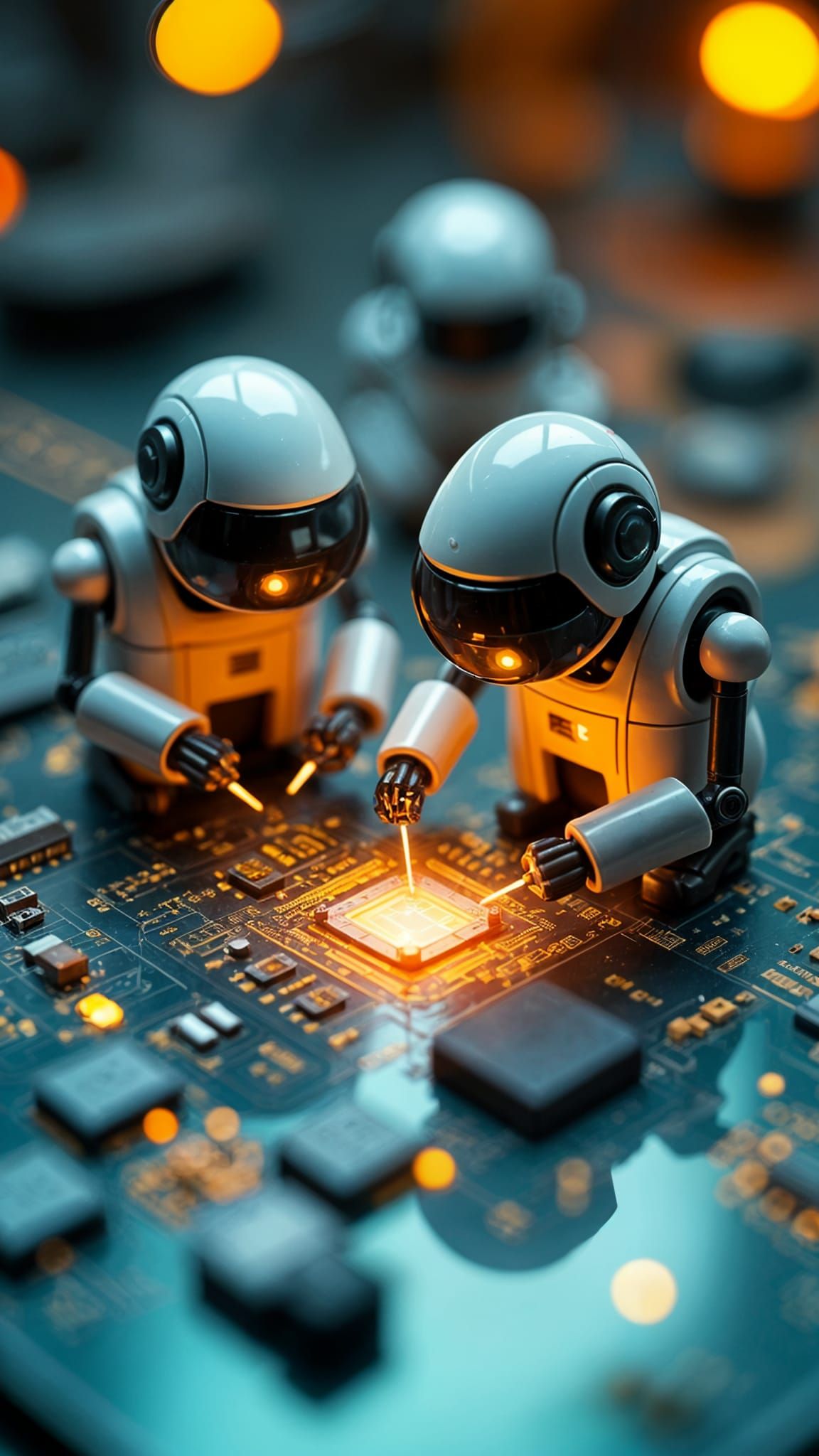 Robots Assembling Circuit Board: Cinematic Film Still