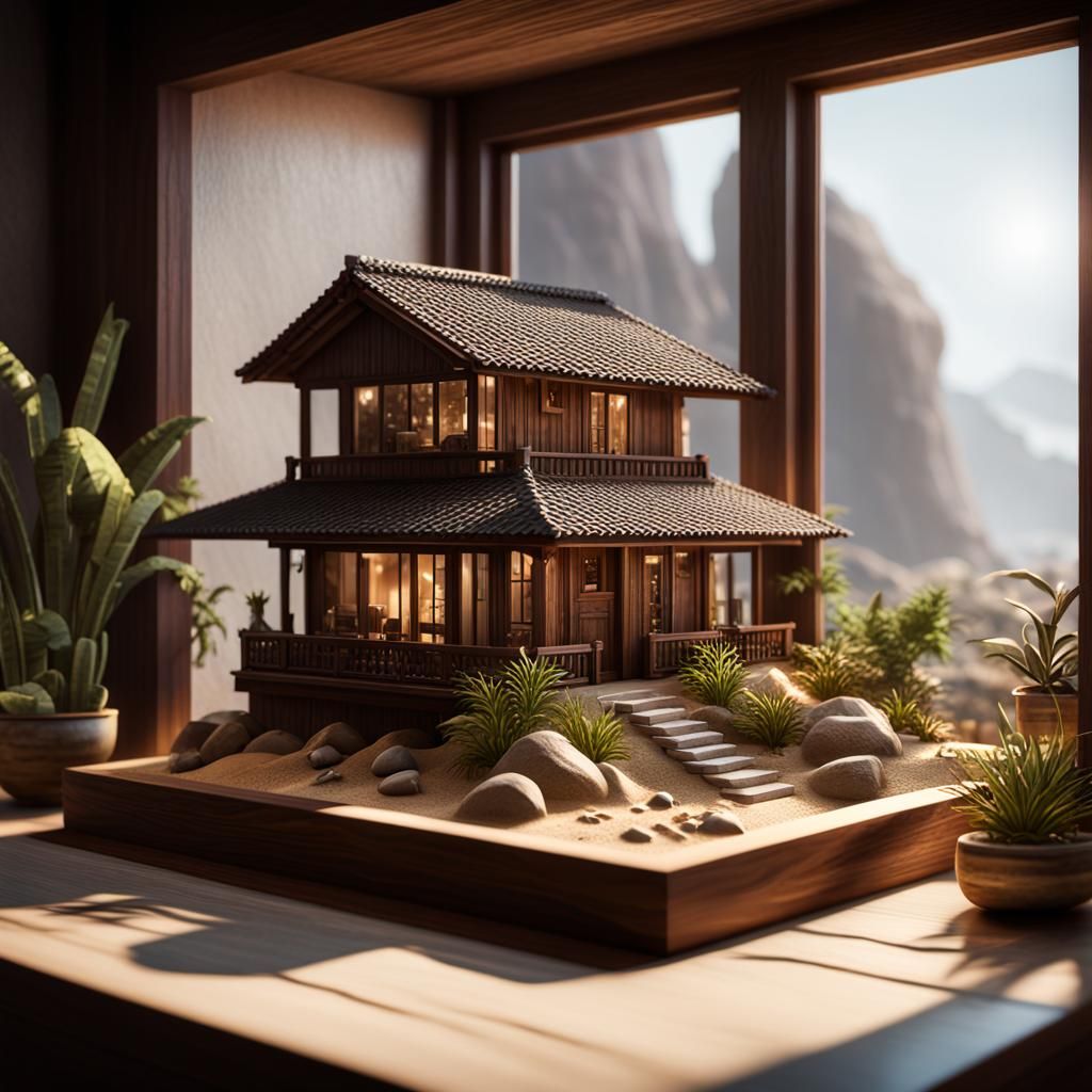Miniature Bungalow and Rock Garden: 3D Game Render