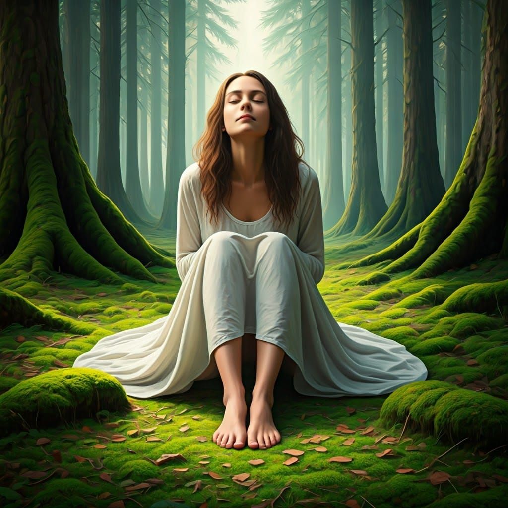 Serene Woman Embracing Nature: Impressionistic Forest Scene