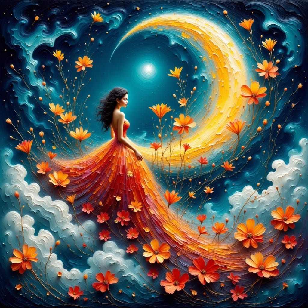 Surreal Goddess Perched on a Luminescent Moon in a Vibrant P...