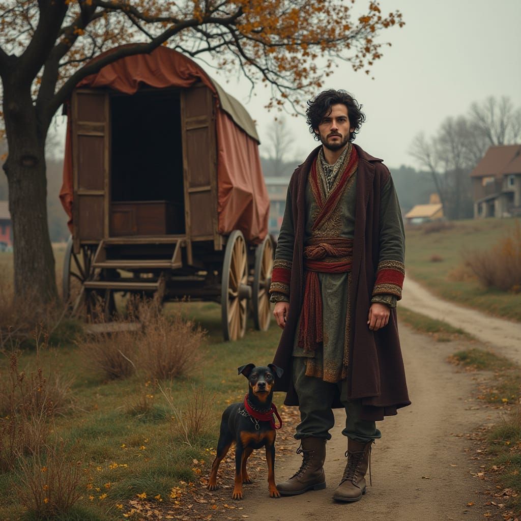 Eastern European Man in Gypsy Attire with Wagon and Dog