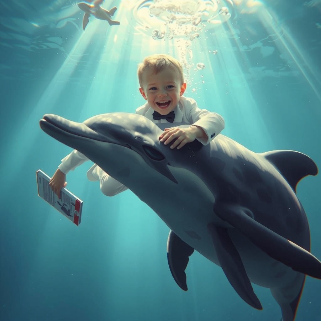 Boy and Dolphin Underwater in Ethereal Light