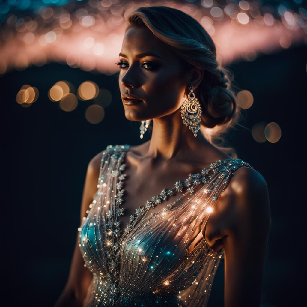 Beautiful Woman in Glass Dress: Cinematic Portrait