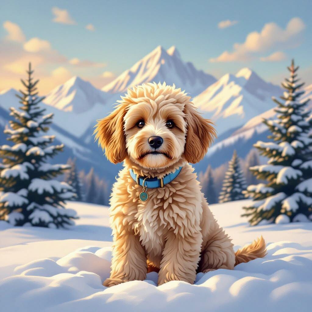 Fluffy Golden Doodle Sits in Snowy Landscape