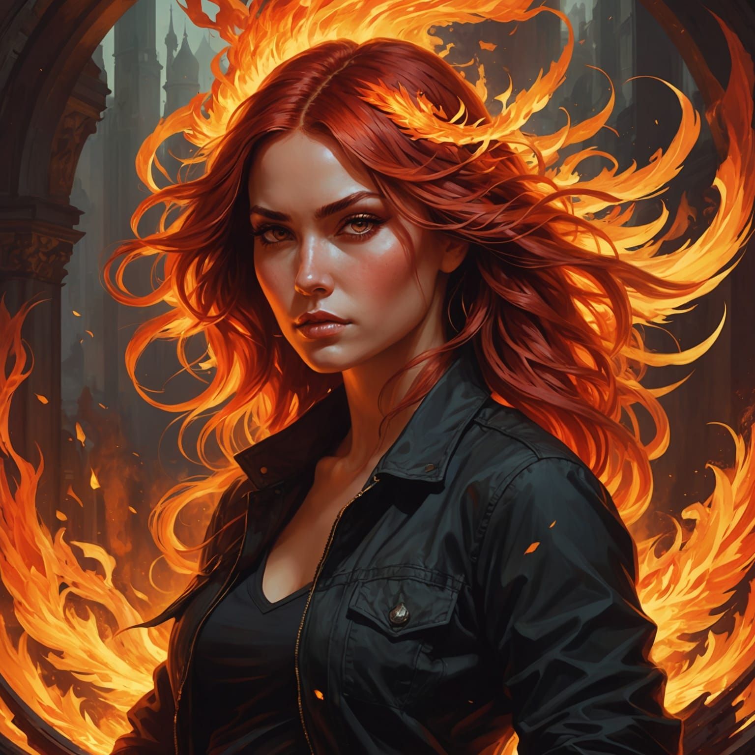 Fiery Woman with Phoenix: Hyperdetailed Digital Art