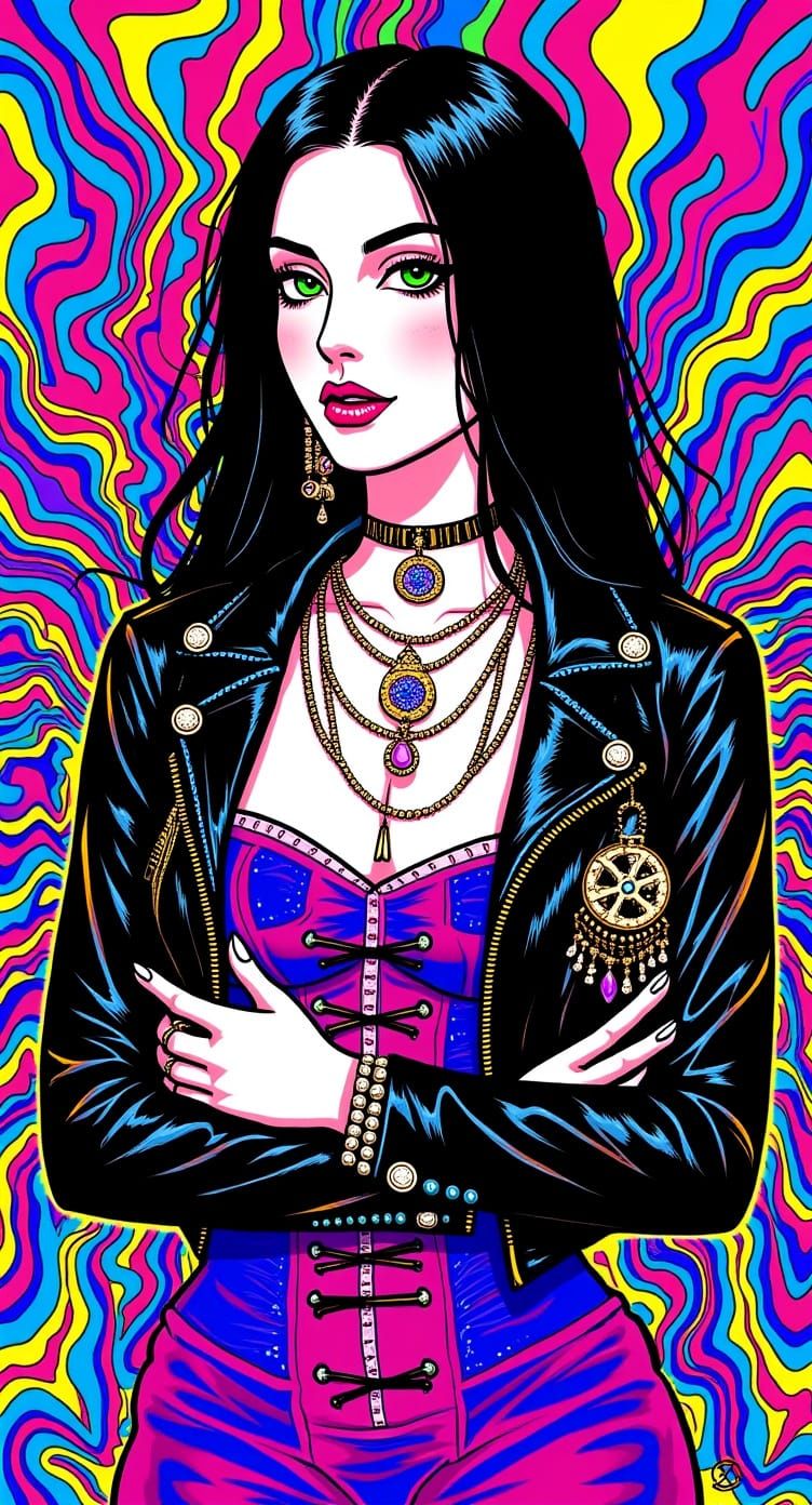 Steampunk Woman in Corset with Psychedelic Background