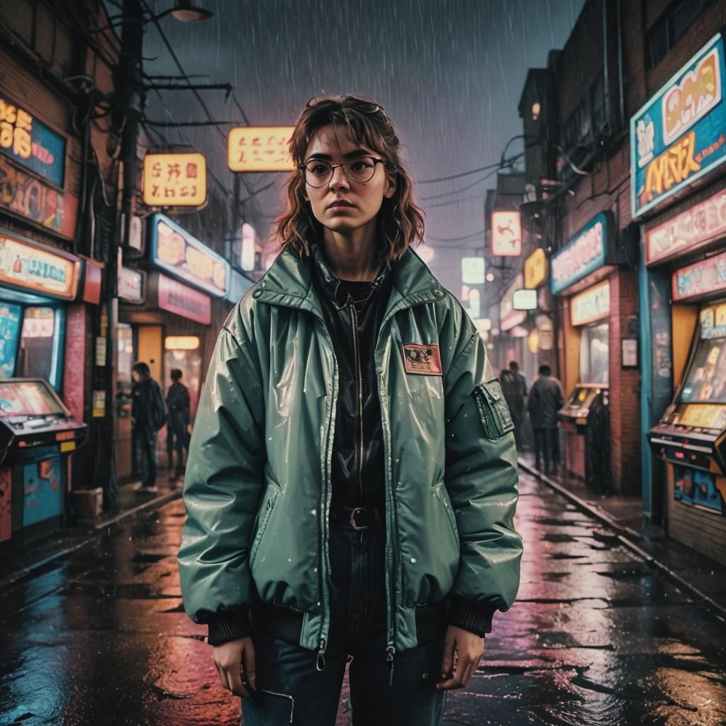 Teenager at Cyberpunk Arcade in the 1980s