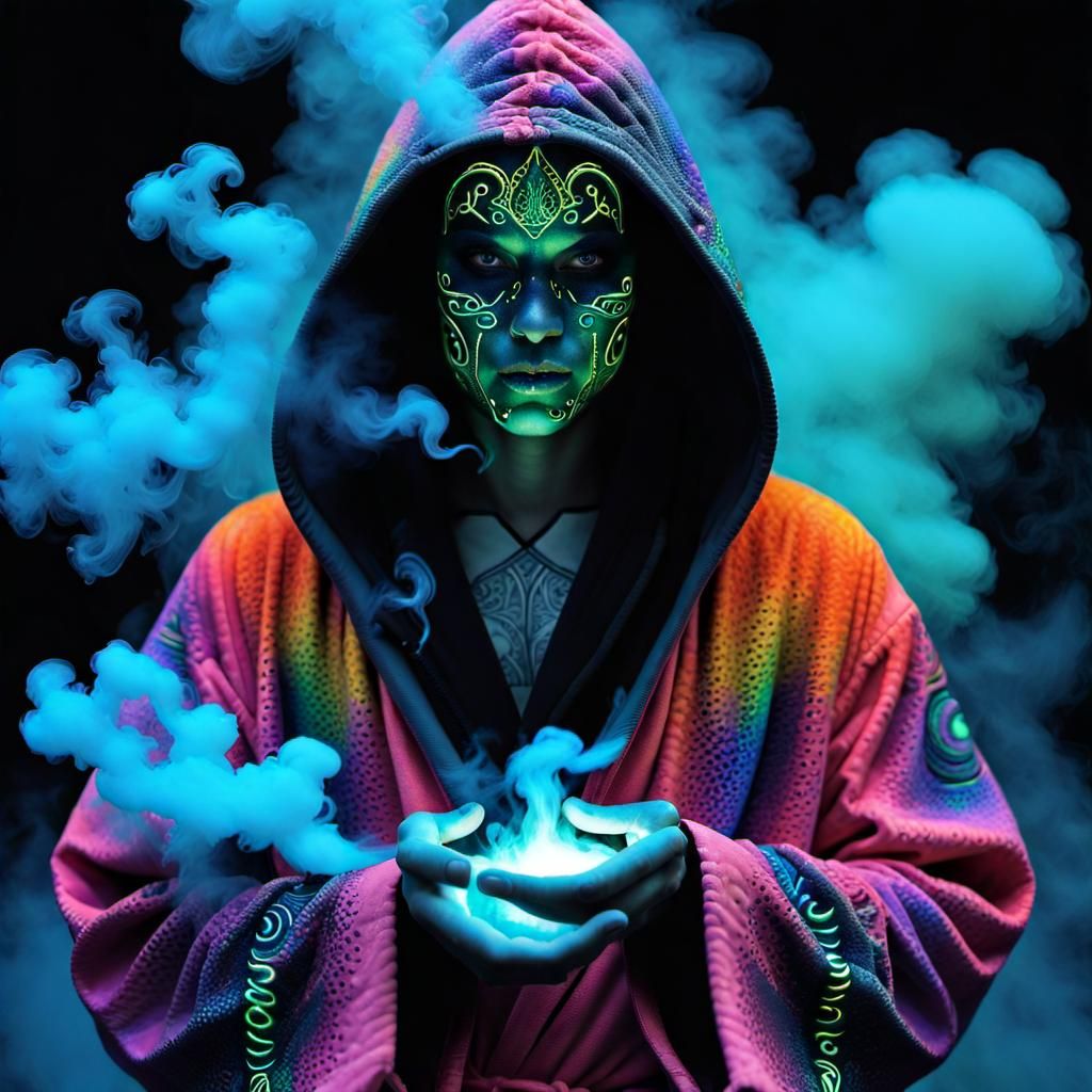 Pointillist Hooded Figure in Smoky Psychedelic Art