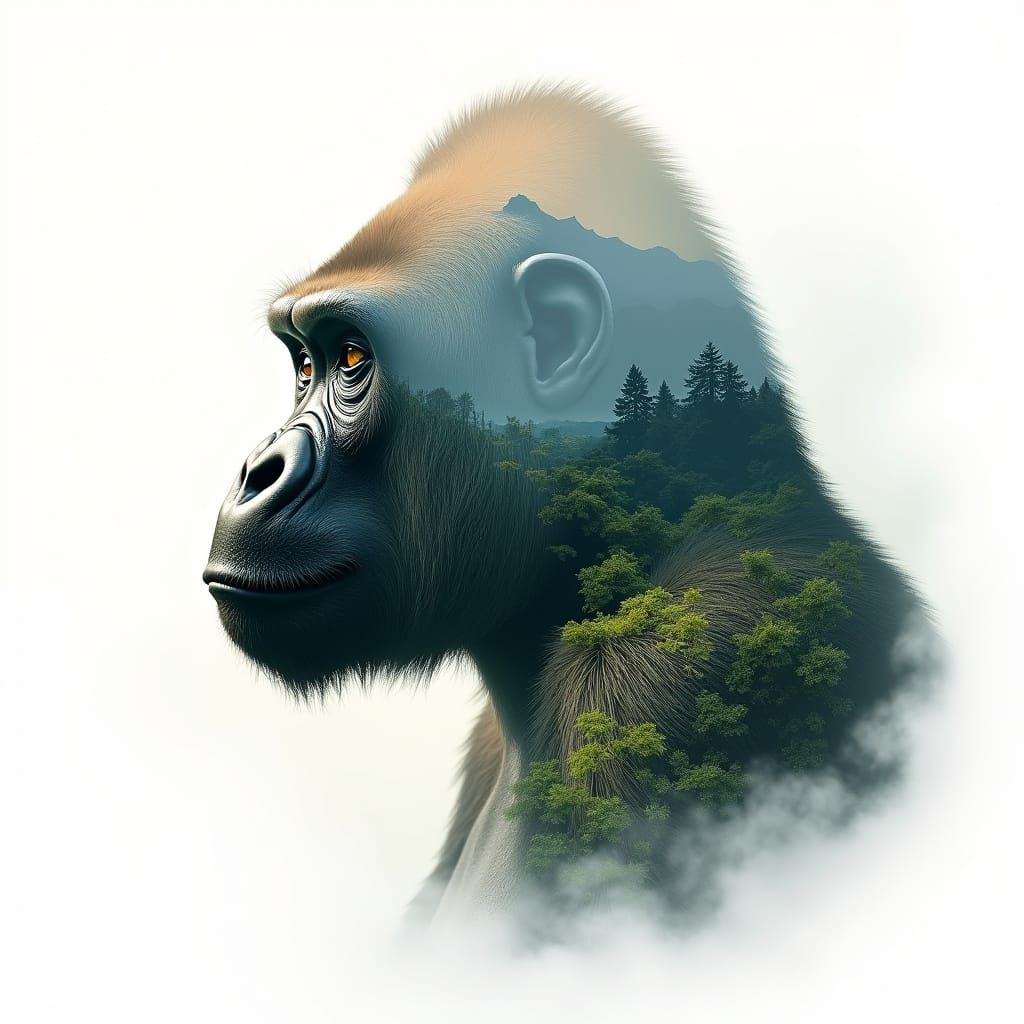 Gorilla's Profile Blends with Rainforest in Illusionistic Di...