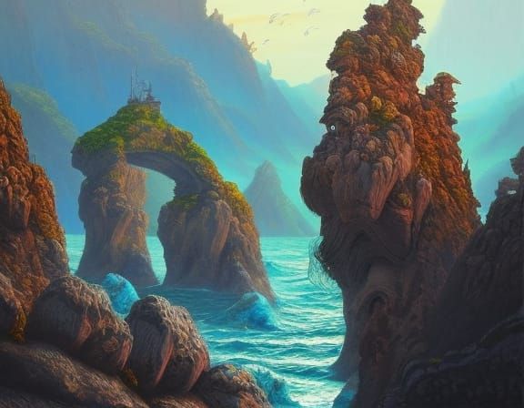 Stone Faces on Ancient Island: Hyperrealistic Digital Art