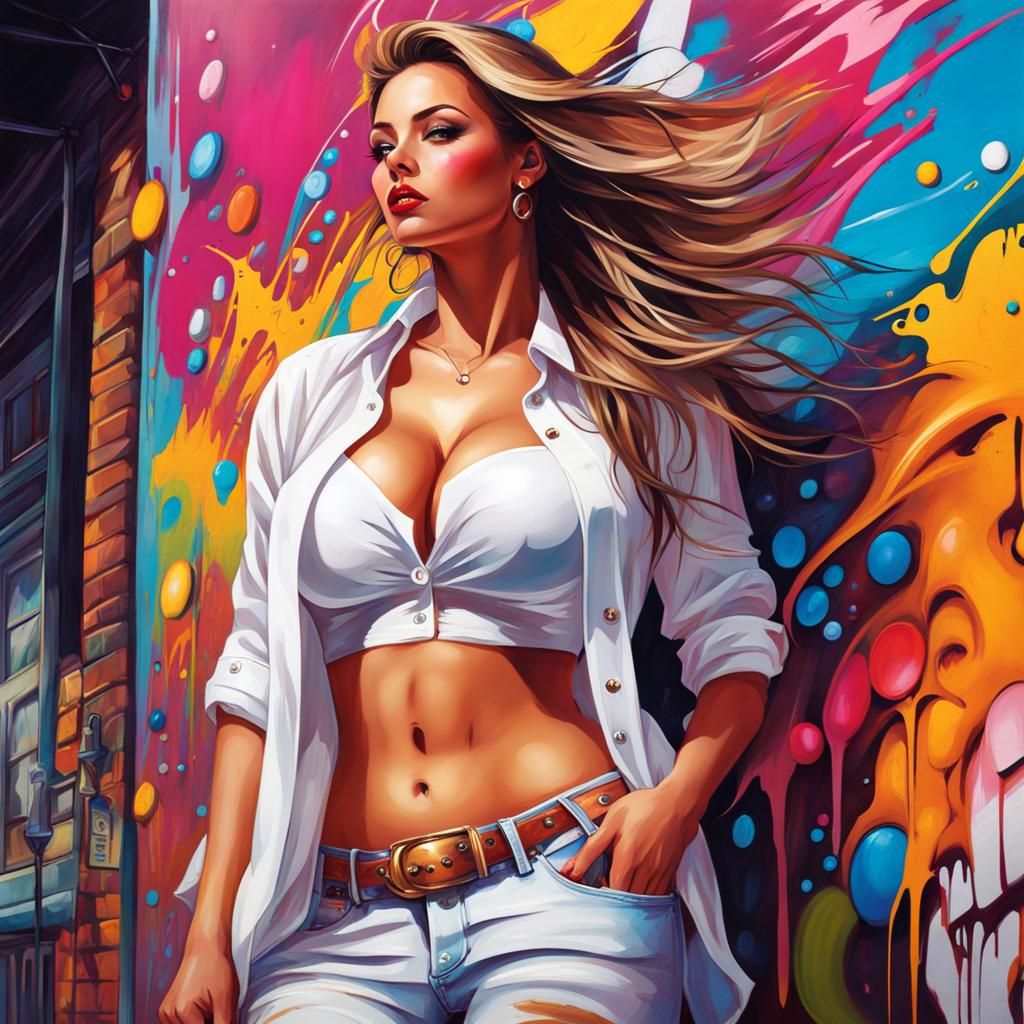 A beautiful girl with big bosom wearing semi-transparent white shirt without a bra, a beauty mark on bosom and buttons a...