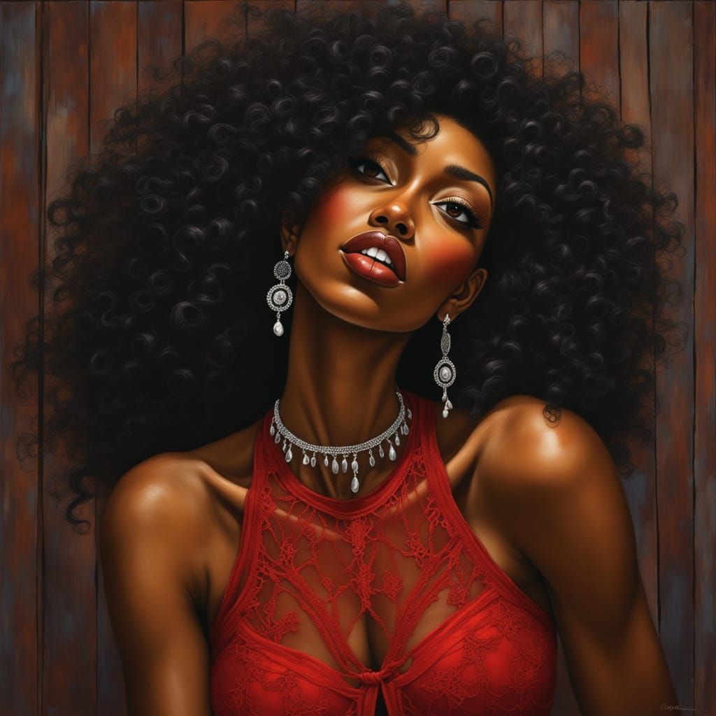 Elegant African American Woman with Curls in Mixed Media