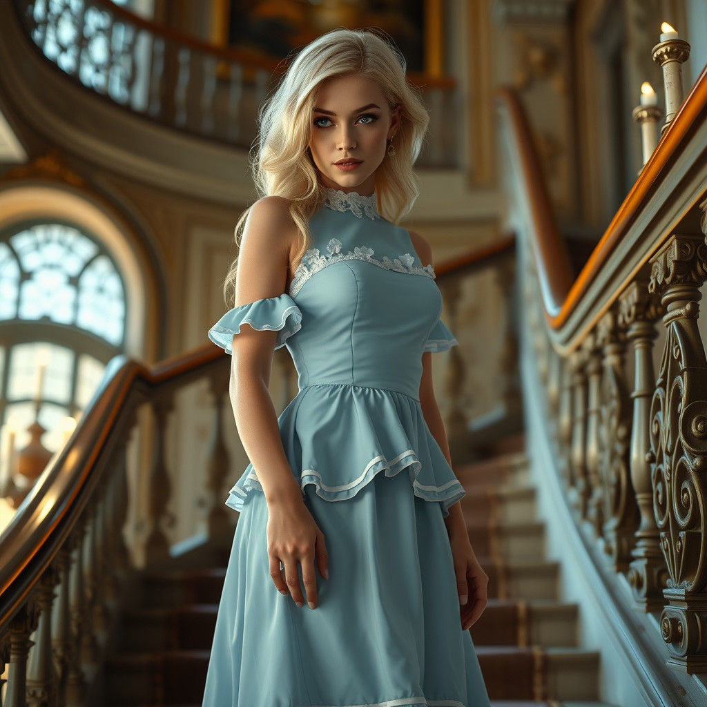 Blond Woman in Blue Dress on Staircase: Digital Matte Painti...