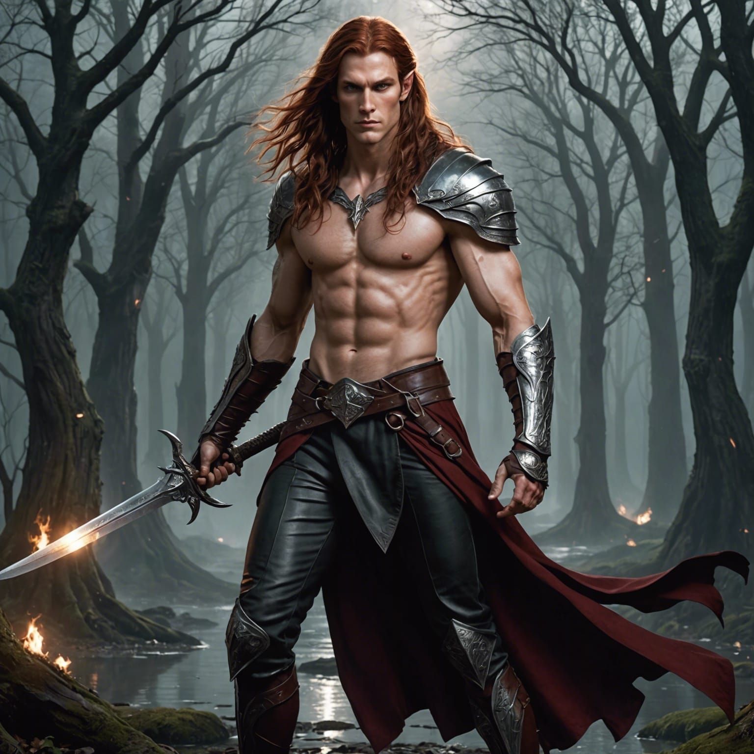 Elven Warrior in Dark Forest with Black Horse