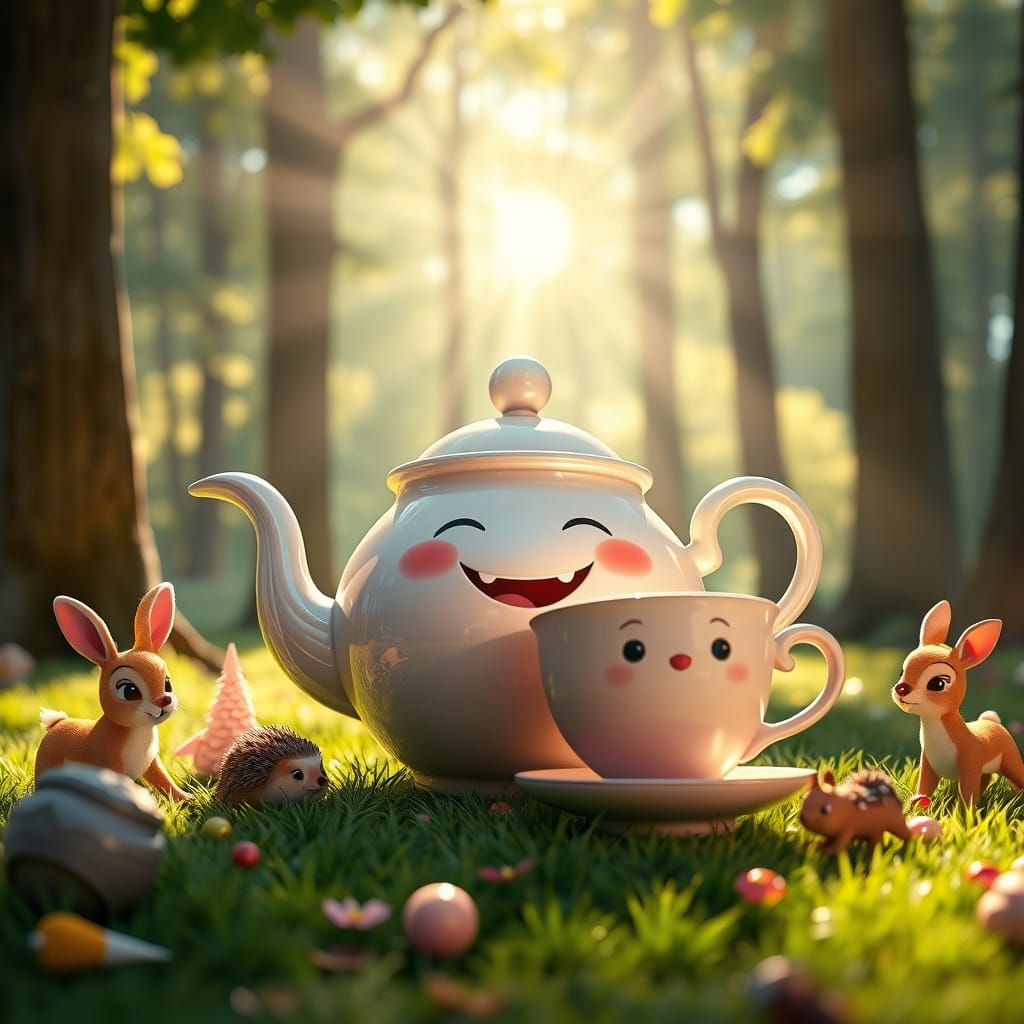 Anthropomorphic Teapot and Teacup in a Magical Forest