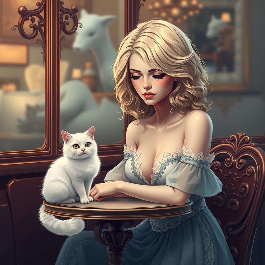 Heartbroken Woman in Abstract Fractal Cafe Scene