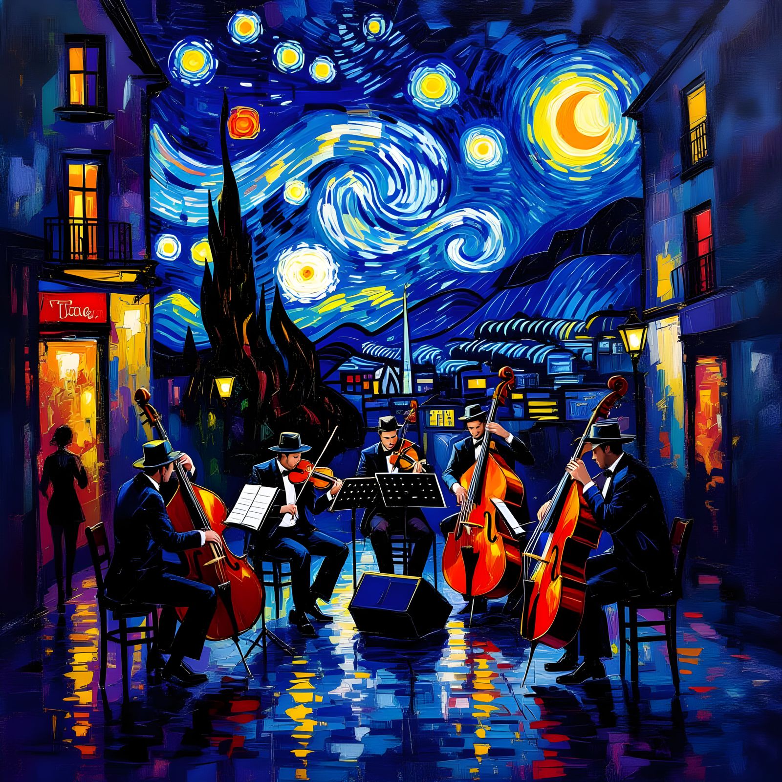 Urban Jazz Club at Night in Impressionistic Style