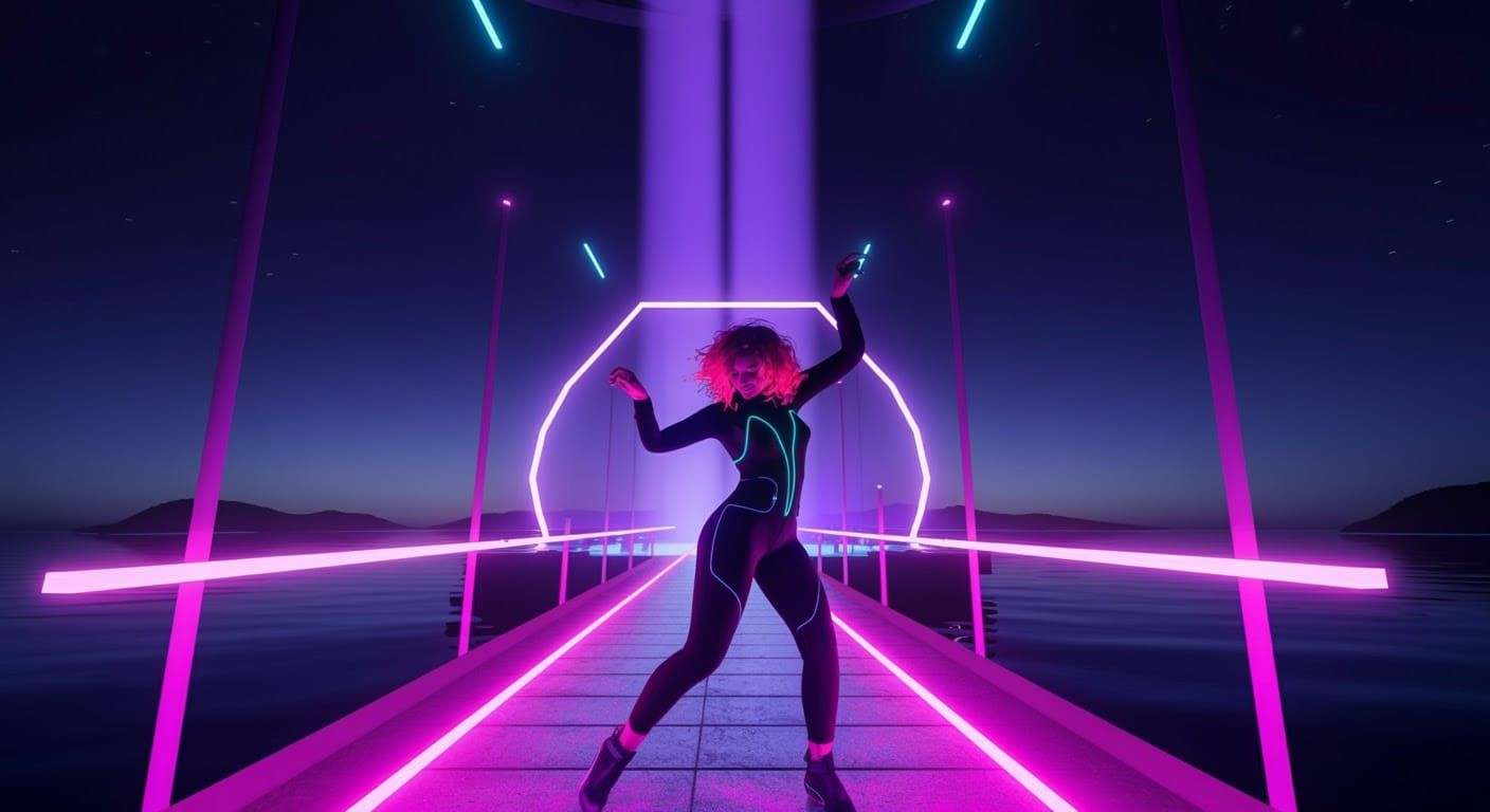 Futuristic Neon Club at Night on Pier in Cyberpunk Style