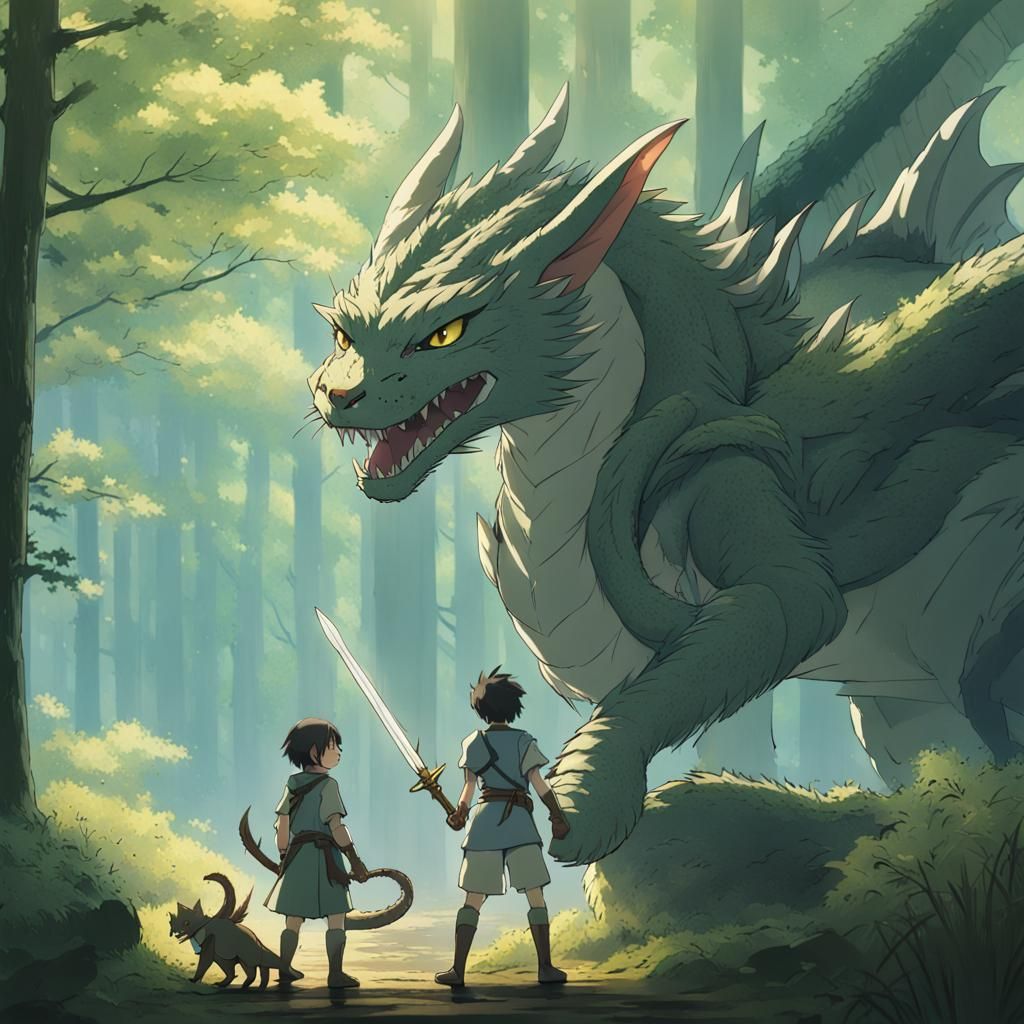 Cat-Human Warrior Faces Dragon: Studio Ghibli Style