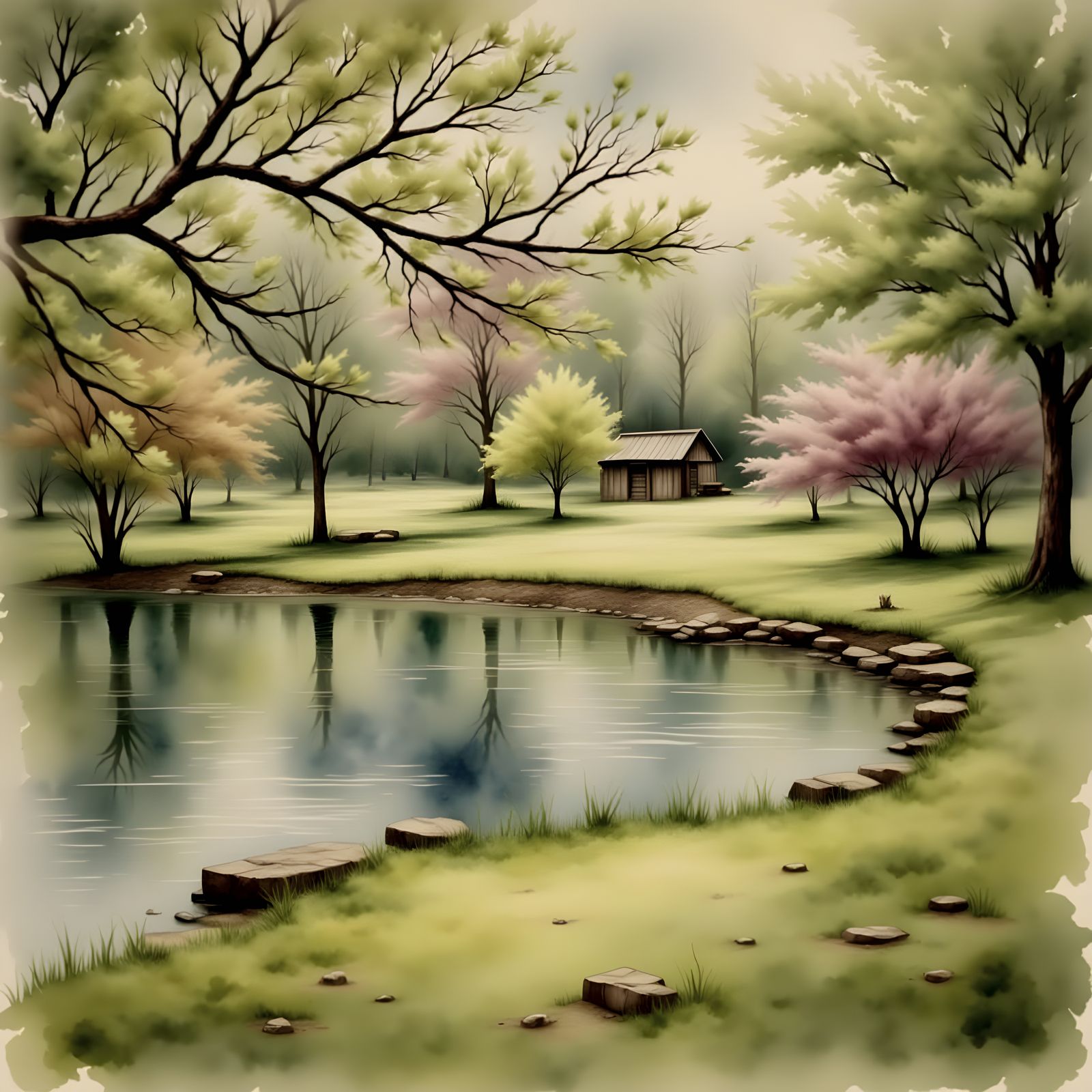 Serene Springtime Oasis in Antique Watercolor Style