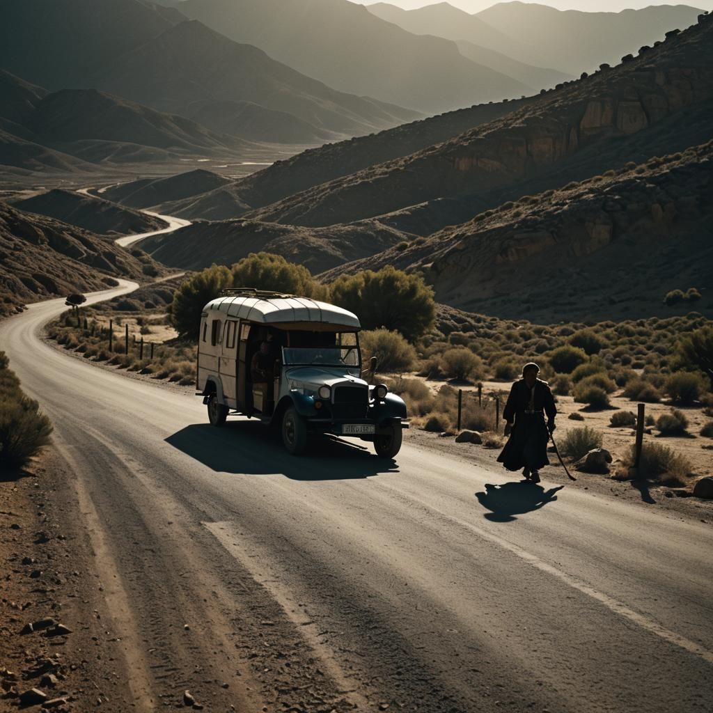Cinematic Gypsy Caravan on Desert Road