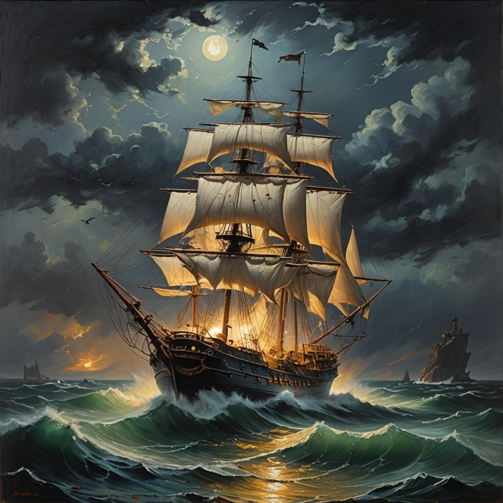 Eerie Ghost Pirate Ship at Night as Oil Painting