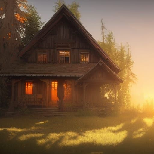 Sun-Drenched Wooden House in Valley Concept Art