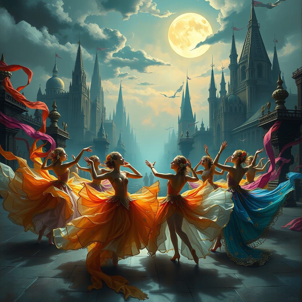 Lavish Dancing Girls in a Futuristic Cityscape