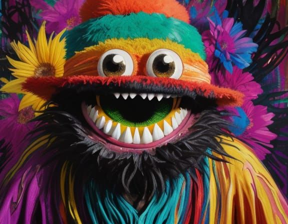 Wacky Monster in Psychedelic Flowers, Grunge Oil Painting