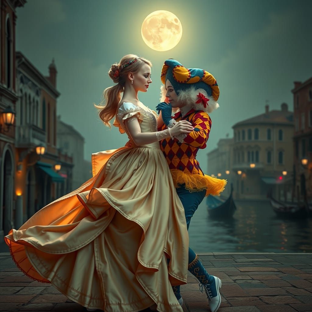 Colombine et arlequin, romantic, full moon, Venise