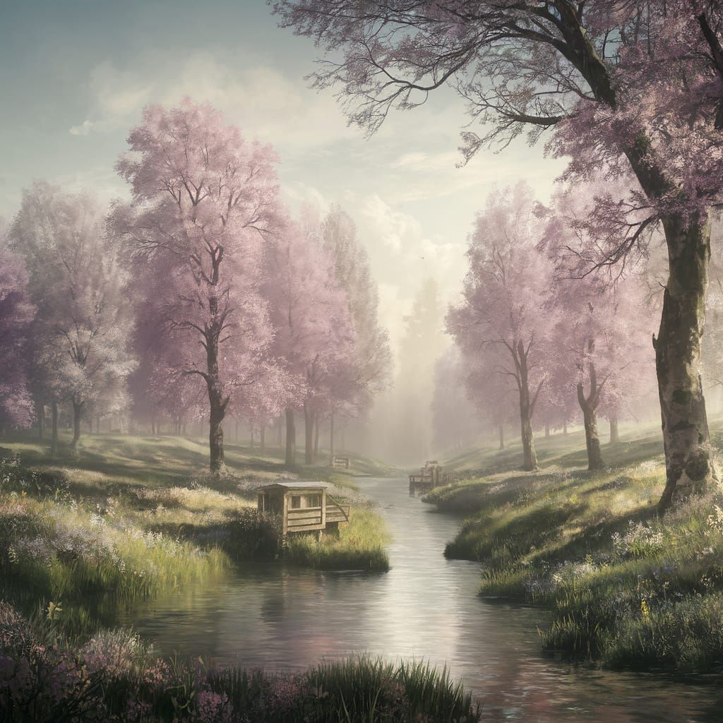 Whimsical Springtime Scene in Dreamy Fantasy Style