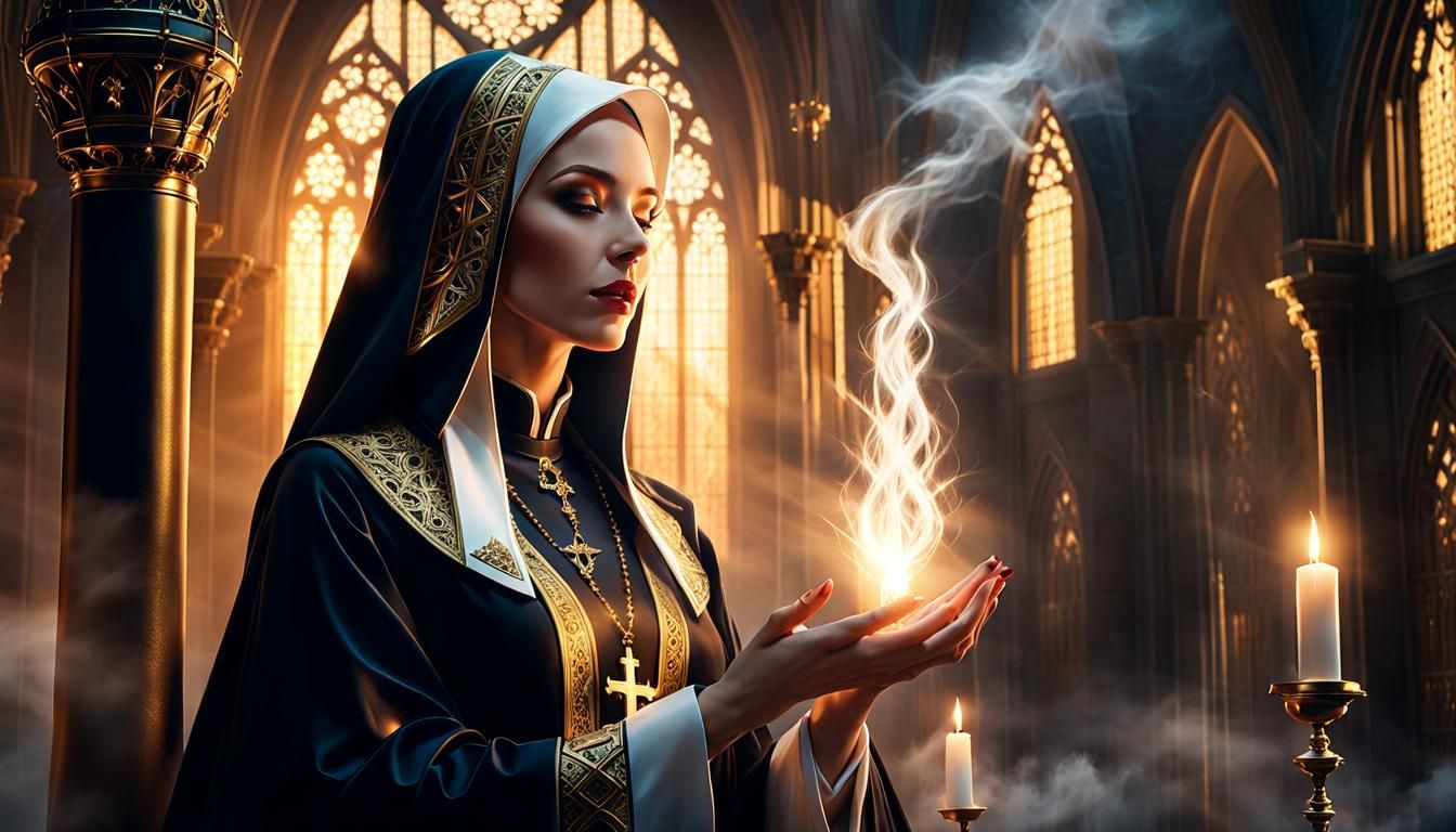 Priestess Casting Holy Magic in Gothic Setting
