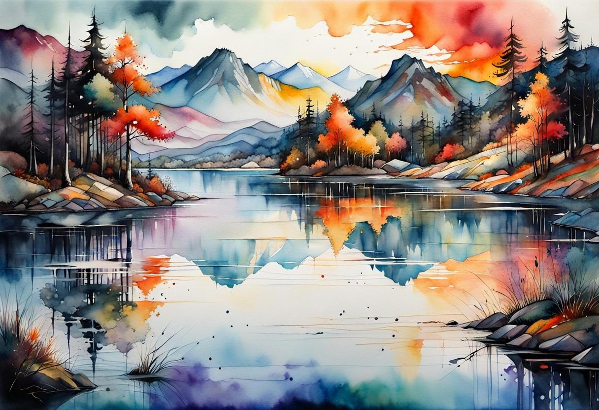 Colorful Sunset Lake: Fine Art Watercolor Painting