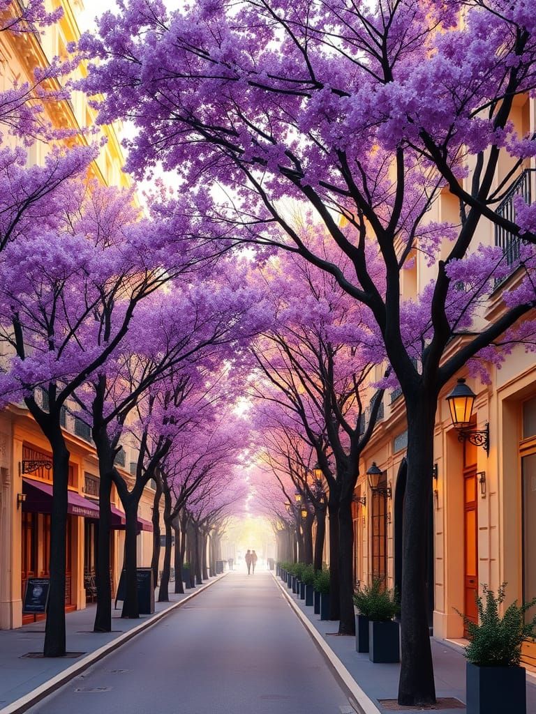 Parisian Street with Jacaranda Trees in Art Nouveau Style