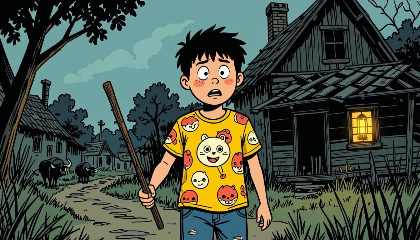 Nervous Boy Approaches Spooky House in Comic Style