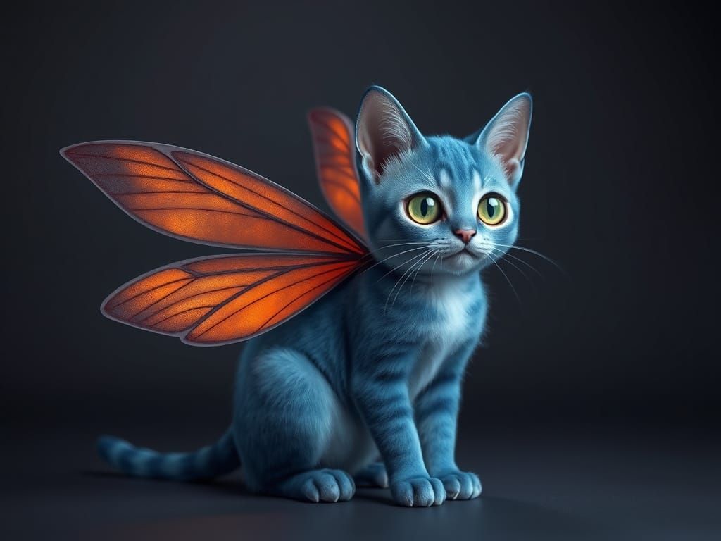 Blue Cat with Firefly Wings, Realistic Image