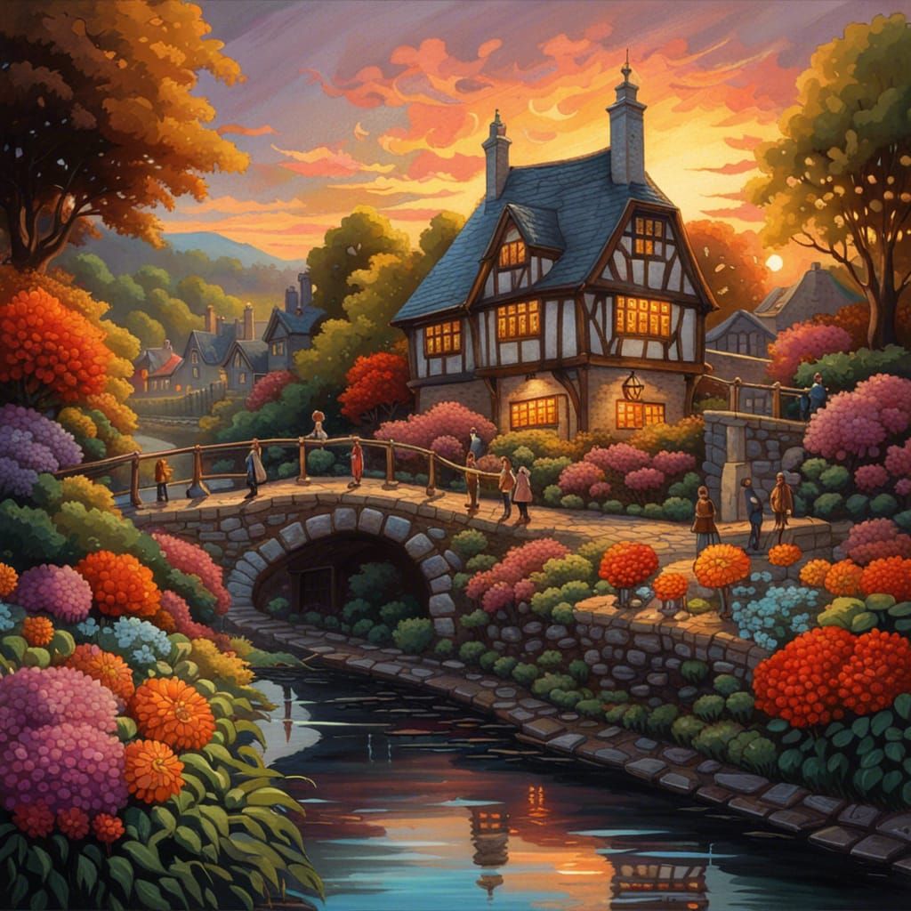Gothic Village and Chrysanthemum Garden at Sunset
