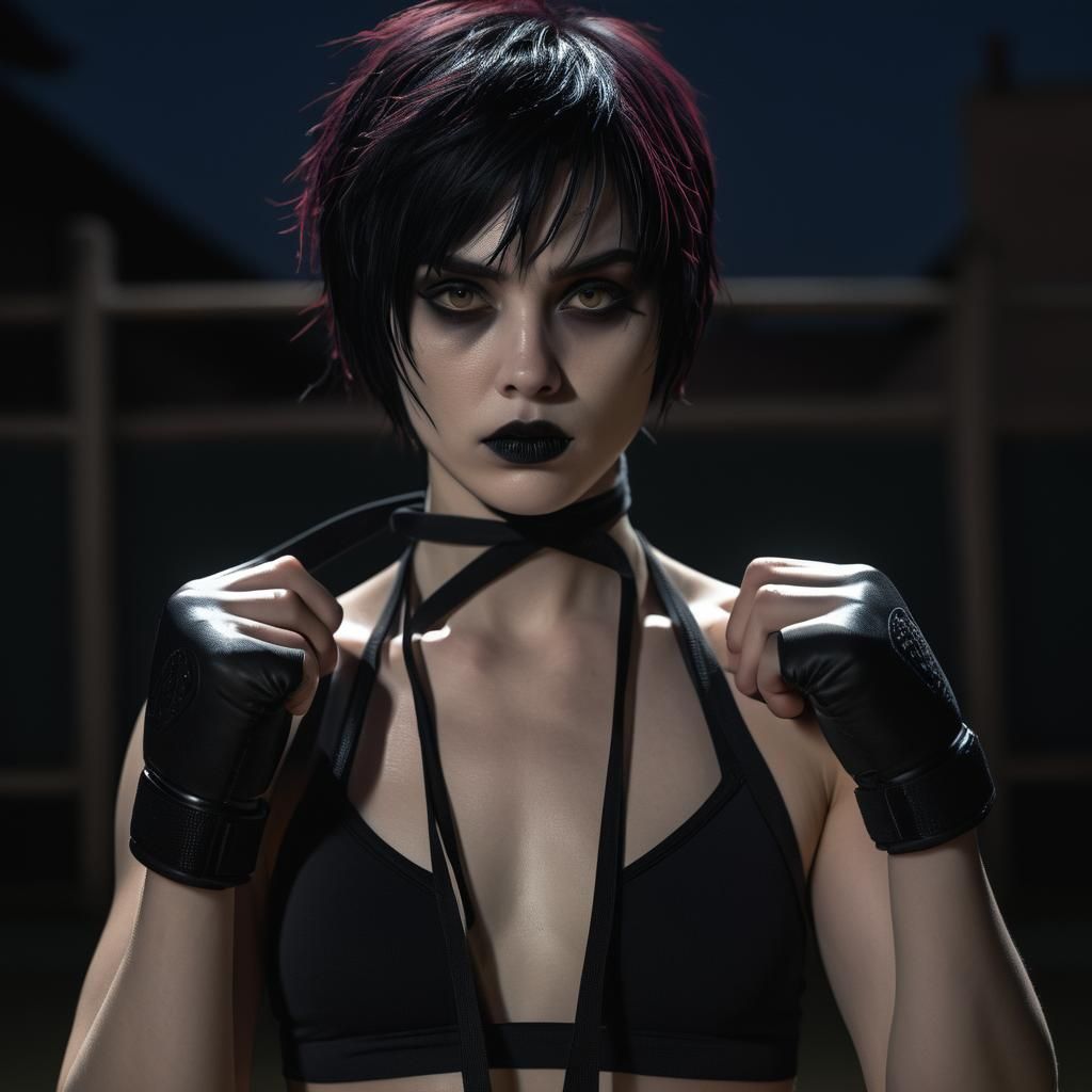 Athletic Goth Woman Practicing Karate at Night