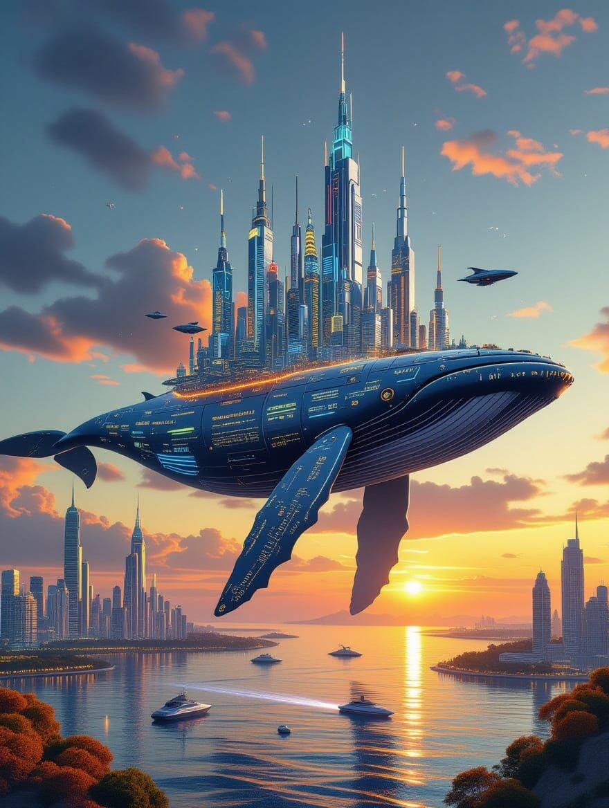 Giant Humpback Whale City in Sunset Sky