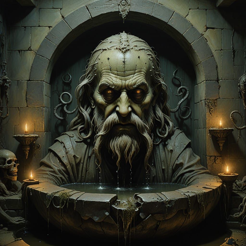 Weathered Stone Fountain in a Medieval Castle Dungeon