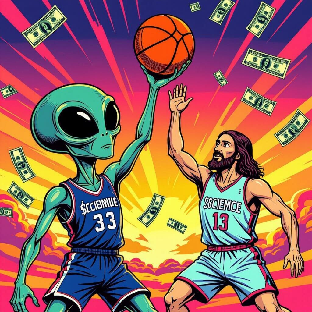Alien Grey Slams Dunk on Jesus in Pop Art Style