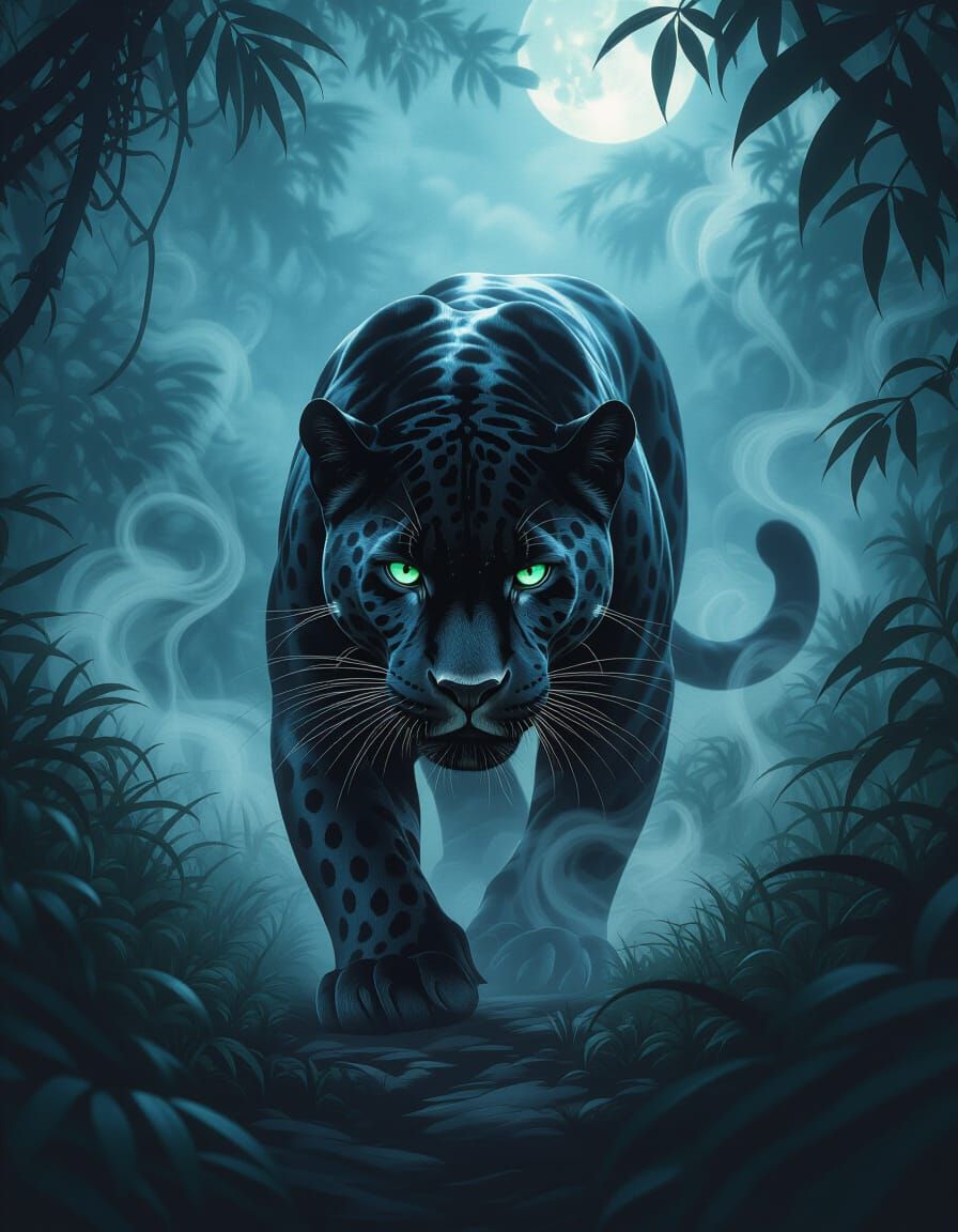 Sleek Black Jaguar in Moonlit Jungle