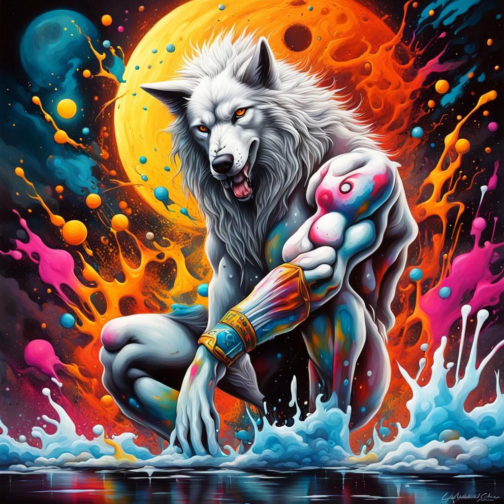 White Wolf Howling at Moon, Graffiti Art