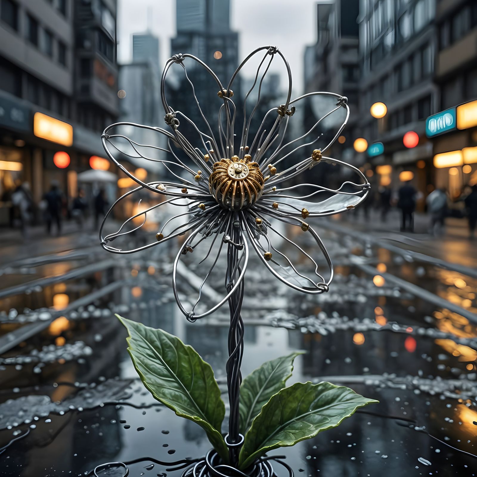 Macro Metal Flower in Dystopian Cityscape