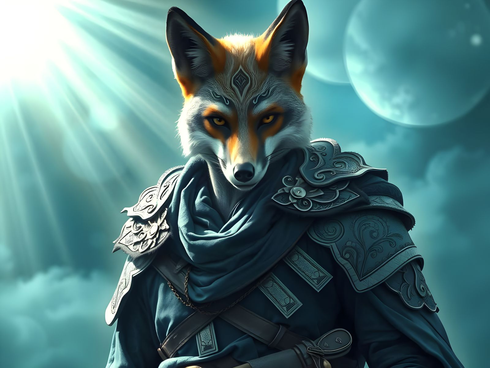 Humanized Fox Warrior with Intricate Tattoos in Foggy Atmosp...