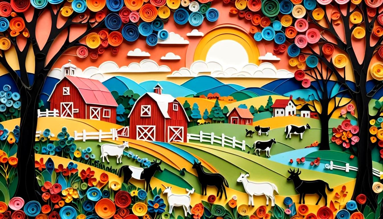 Quirky Farm Scene in Folk Art Style