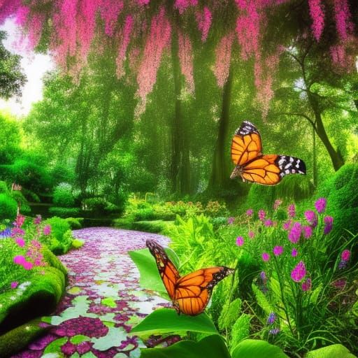 Enchanted Forest Garden with Butterflies and Waterfalls