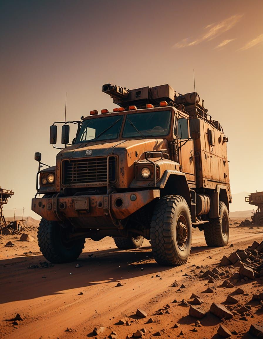 Armored Truck at Crossroads in Post-Apocalyptic Style